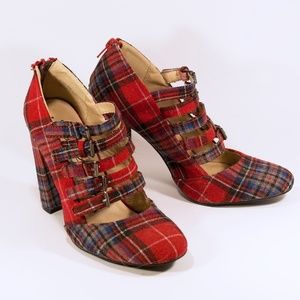Red Plaid Fabric Fashionable Women's Shoe- 7.5